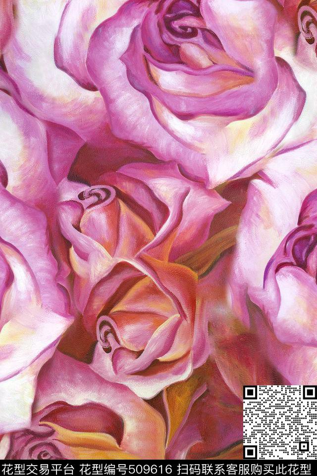 花卉潮流时尚大牌手绘油画花卉数码印花华亿平台下载（图片编号: 509616） - 瓦栏（Walan）