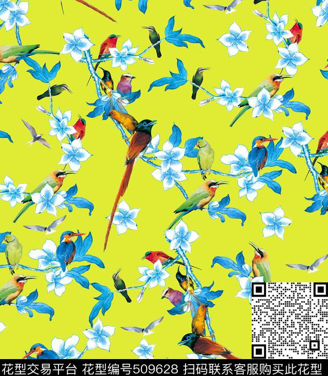 百鸟争鸣工笔手绘鸟儿数码印花华亿平台下载（图片编号: 509628） - 瓦栏（Walan）