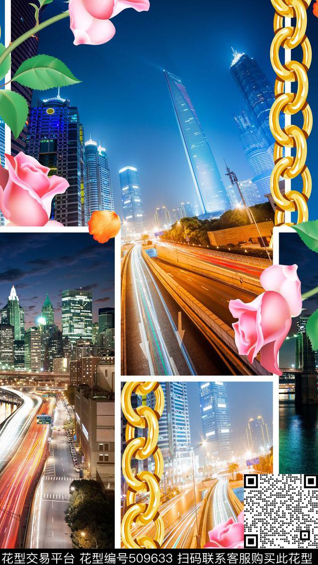 时尚大气城市夜景灯光玫瑰链条数码印花华亿平台下载（图片编号: 509633） - 瓦栏（Walan）