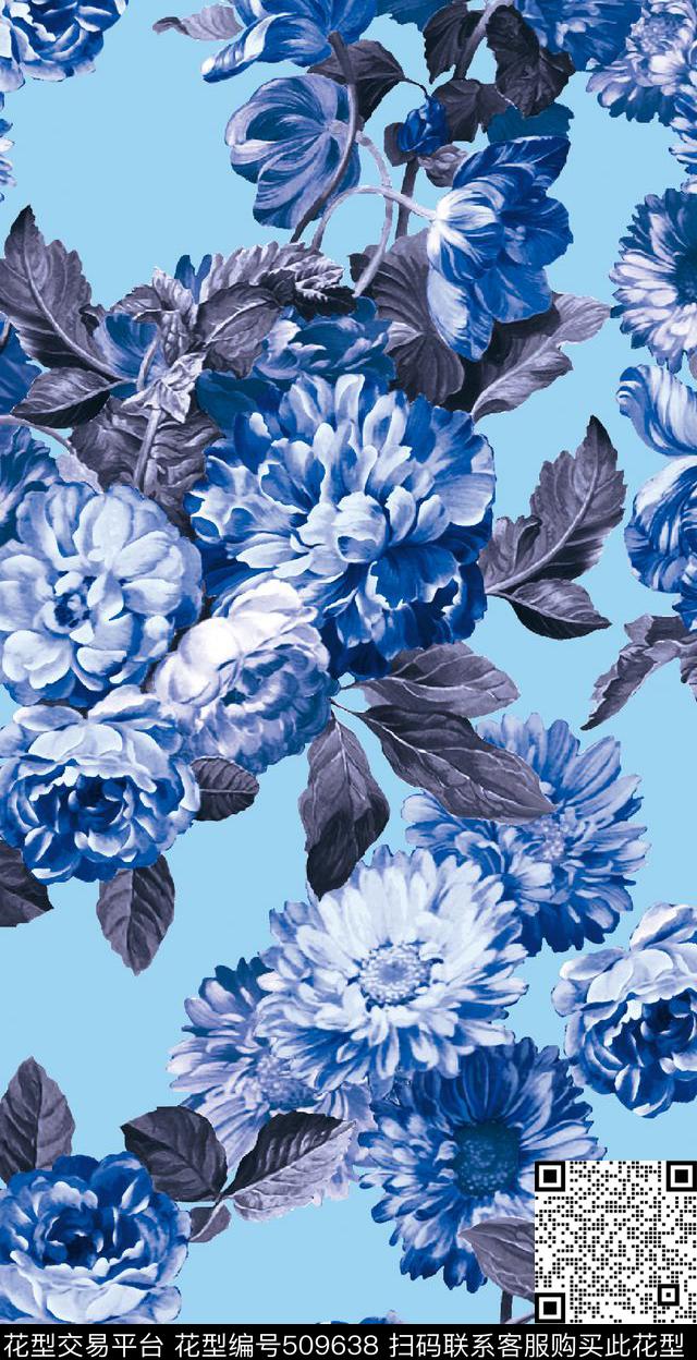花卉潮流时尚大牌手绘油画花卉藏青蓝数码印花华亿平台下载（图片编号: 509638） - 瓦栏（Walan）
