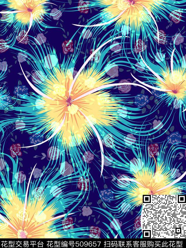 时尚欧美风格变异花卉数码印花华亿平台下载（图片编号: 509657） - 瓦栏（Walan）