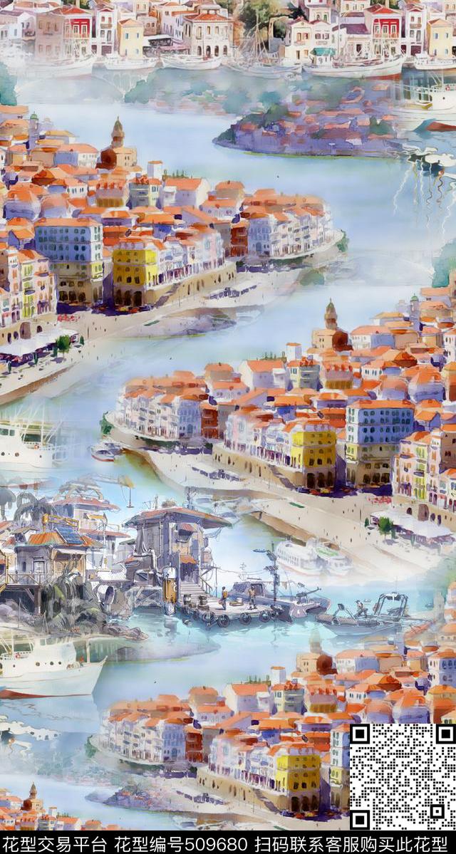 海滨水彩建筑数码印花华亿平台下载（图片编号: 509680） - 瓦栏（Walan）