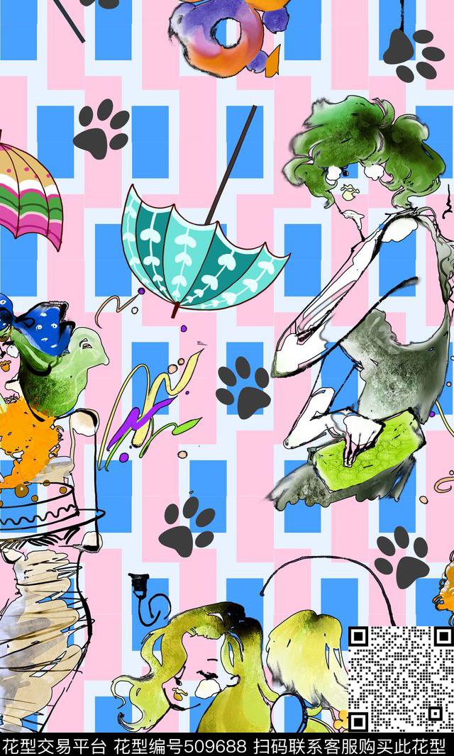 格子时尚复古水彩人物女孩数码印花华亿平台下载（图片编号: 509688） - 瓦栏（Walan）