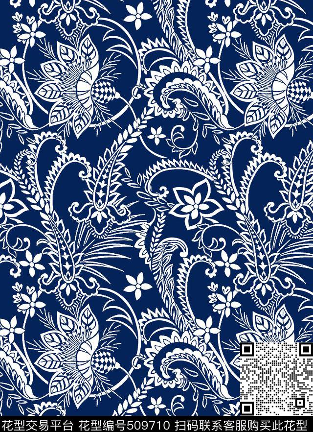 草花蓝色传统印花华亿平台下载（图片编号: 509710） - 瓦栏（Walan）