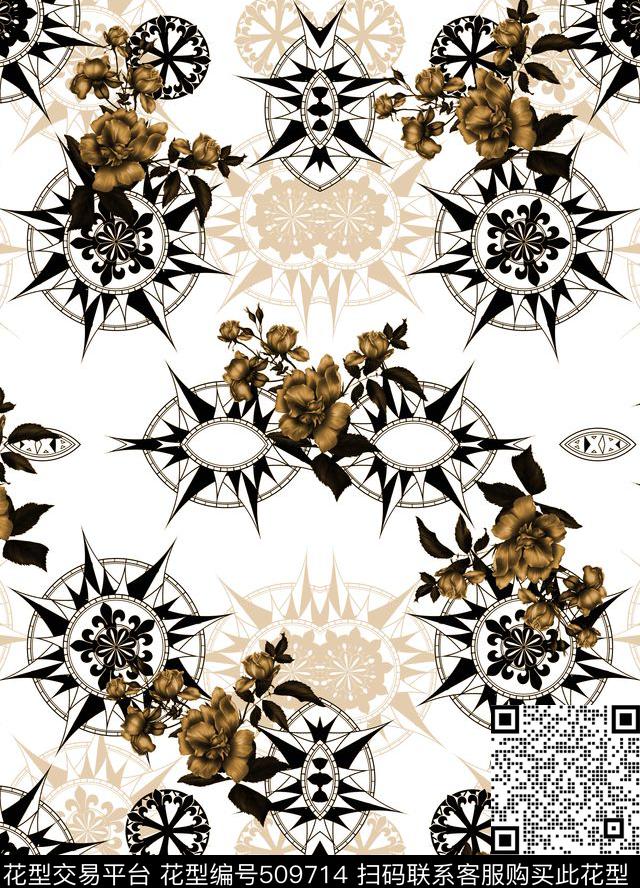 复古图案指南针数码印花华亿平台下载（图片编号: 509714） - 瓦栏（Walan）