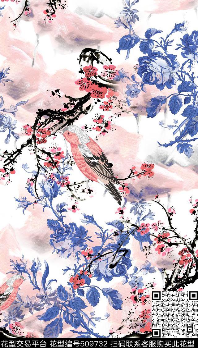 女装四方连续花鸟植物数码印花华亿平台下载（图片编号: 509732） - 瓦栏（Walan）
