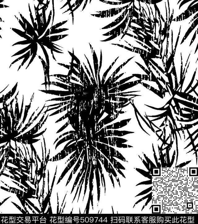 黑白华亿平台绿植树叶椰树叶数码印花华亿平台下载（图片编号: 509744） - 瓦栏（Walan）