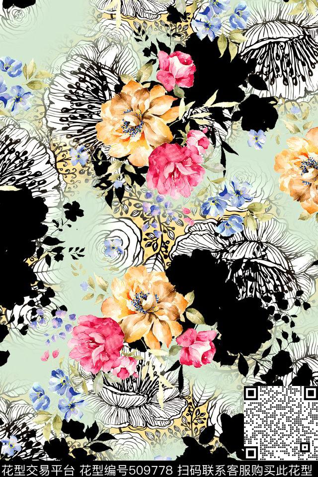 水彩水墨花卉数码印花华亿平台下载（图片编号: 509778） - 瓦栏（Walan）