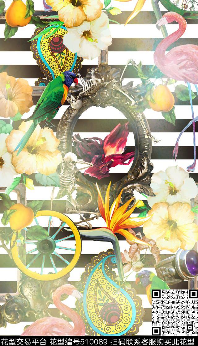 复古时尚条纹花鸟天堂鸟数码印花华亿平台下载（图片编号: 510089） - 瓦栏（Walan）