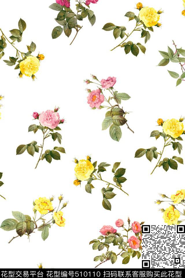 数码印花月季花卉花卉数码印花华亿平台下载（图片编号: 510110） - 瓦栏（Walan）