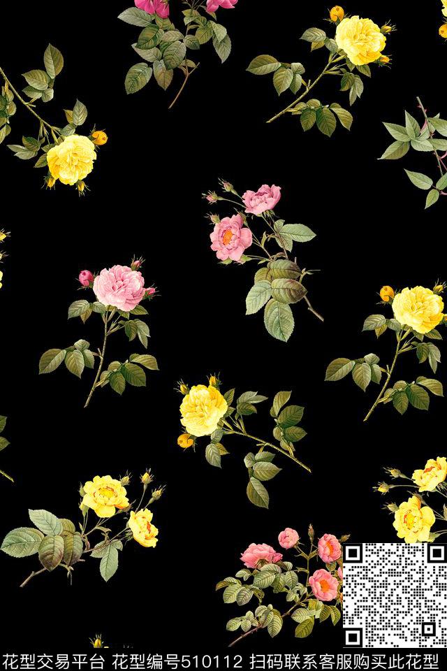 数码印花月季花卉花卉数码印花华亿平台下载（图片编号: 510112） - 瓦栏（Walan）