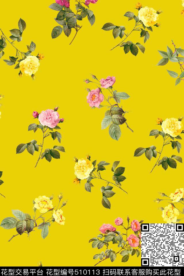 数码印花月季花卉花卉数码印花华亿平台下载（图片编号: 510113） - 瓦栏（Walan）