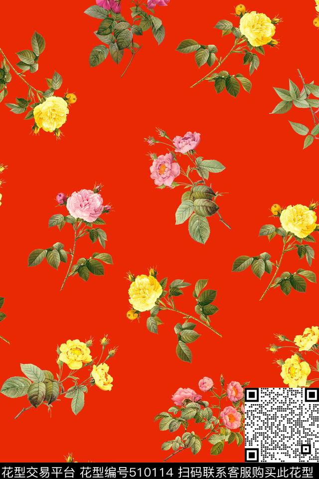 数码印花月季花卉花卉数码印花华亿平台下载（图片编号: 510114） - 瓦栏（Walan）