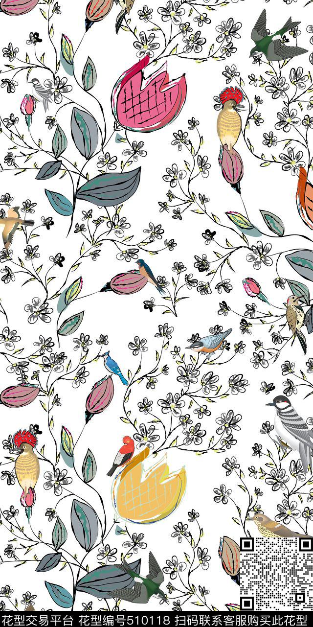 流行时尚手绘时尚手绘动物植物花卉古典复古华亿平台数码印花华亿平台下载（图片编号: 510118） - 瓦栏（Walan）