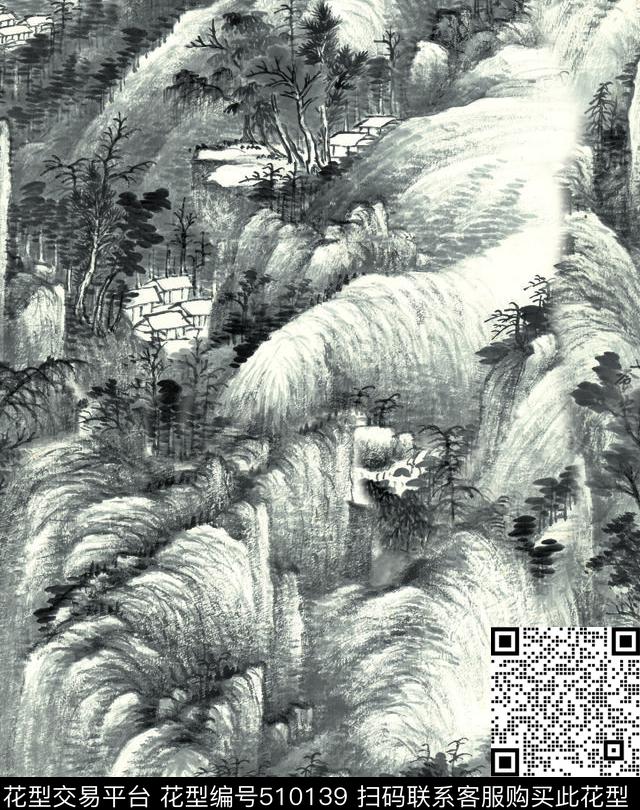 古典写意山水数码印花华亿平台下载（图片编号: 510139） - 瓦栏（Walan）