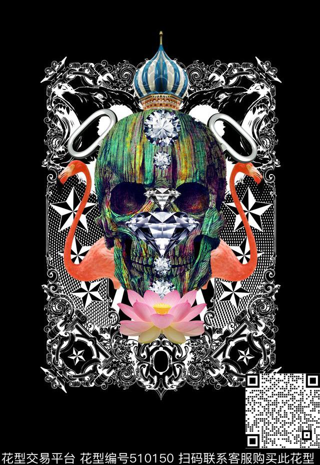 荷花火烈鸟骷髅头数码印花华亿平台下载（图片编号: 510150） - 瓦栏（Walan）