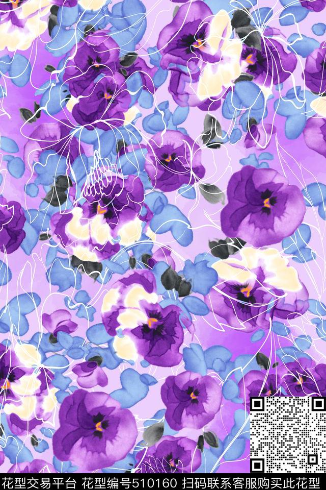 流行时尚花卉水彩数码印花华亿平台下载（图片编号: 510160） - 瓦栏（Walan）