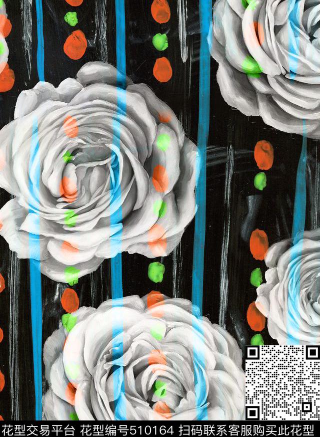 欧美手绘波点玫瑰流行时尚数码印花华亿平台下载（图片编号: 510164） - 瓦栏（Walan）