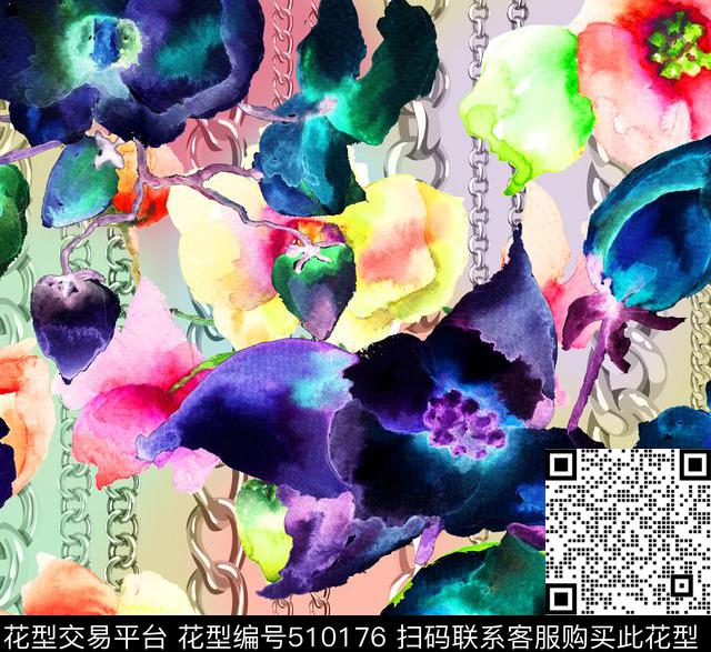 欧美链条手绘幻彩花卉流行时尚数码印花华亿平台下载（图片编号: 510176） - 瓦栏（Walan）