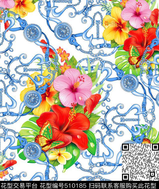 欧美手绘几何链条蝴蝶翩飞花卉流行时尚数码印花华亿平台下载（图片编号: 510185） - 瓦栏（Walan）