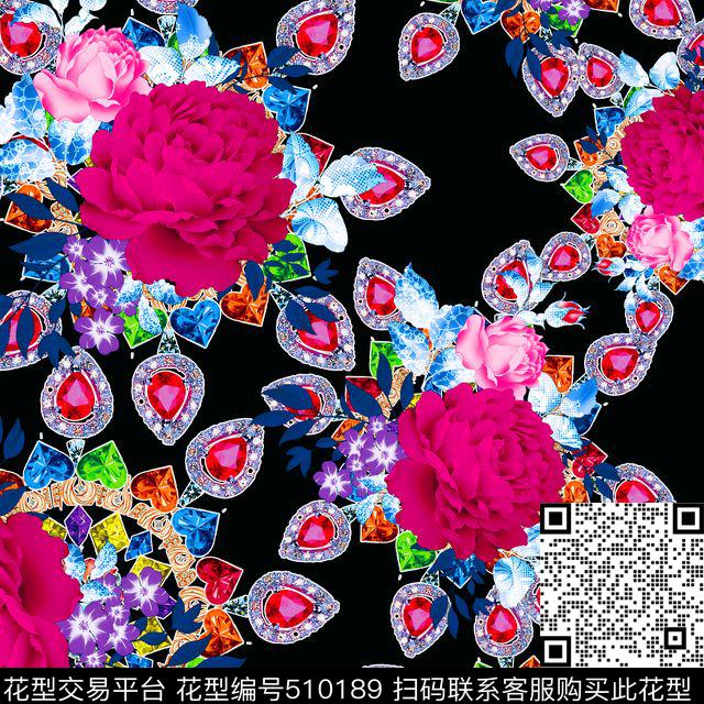 流行时尚欧美手绘钻石花卉数码印花华亿平台下载（图片编号: 510189） - 瓦栏（Walan）