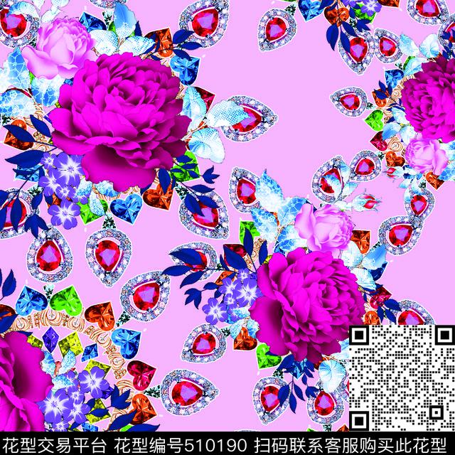 欧美手绘钻石花卉流行时尚数码印花华亿平台下载（图片编号: 510190） - 瓦栏（Walan）