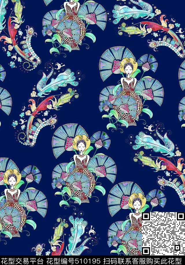 森女田园风魔幻扇形女孩花仙子传统印花华亿平台下载（图片编号: 510195） - 瓦栏（Walan）