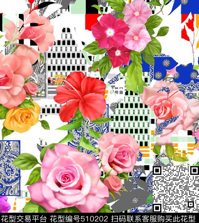 欧美腰果几何底纹玫瑰花卉流行时尚数码印花华亿平台下载（图片编号: 510202） - 瓦栏（Walan）