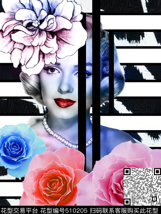 MAX-定位欧美民族风欧美手绘横纹玫瑰梦露数码印花华亿平台下载（图片编号: 510205） - 瓦栏（Walan）