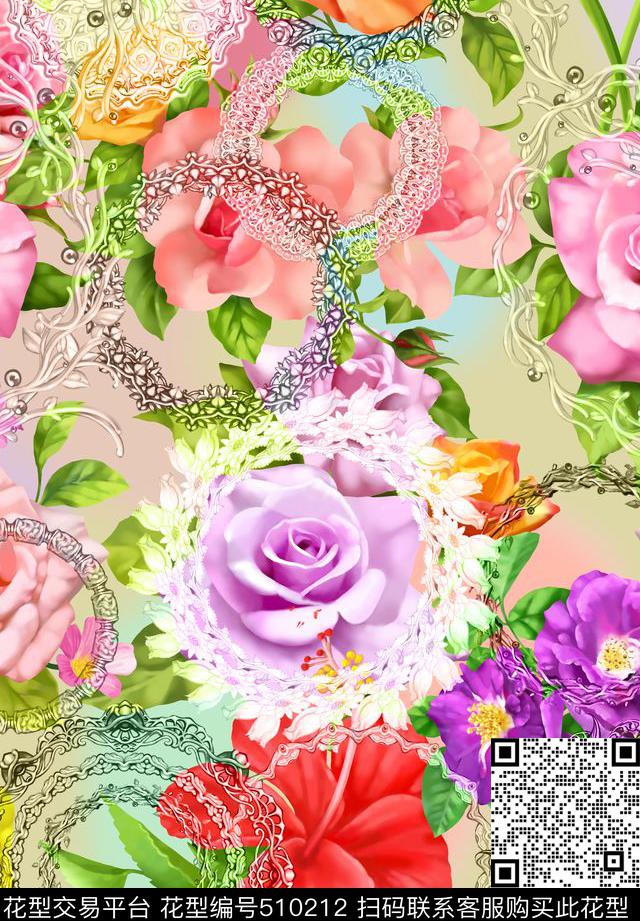 欧美手绘花圈玫瑰流行时尚数码印花华亿平台下载（图片编号: 510212） - 瓦栏（Walan）