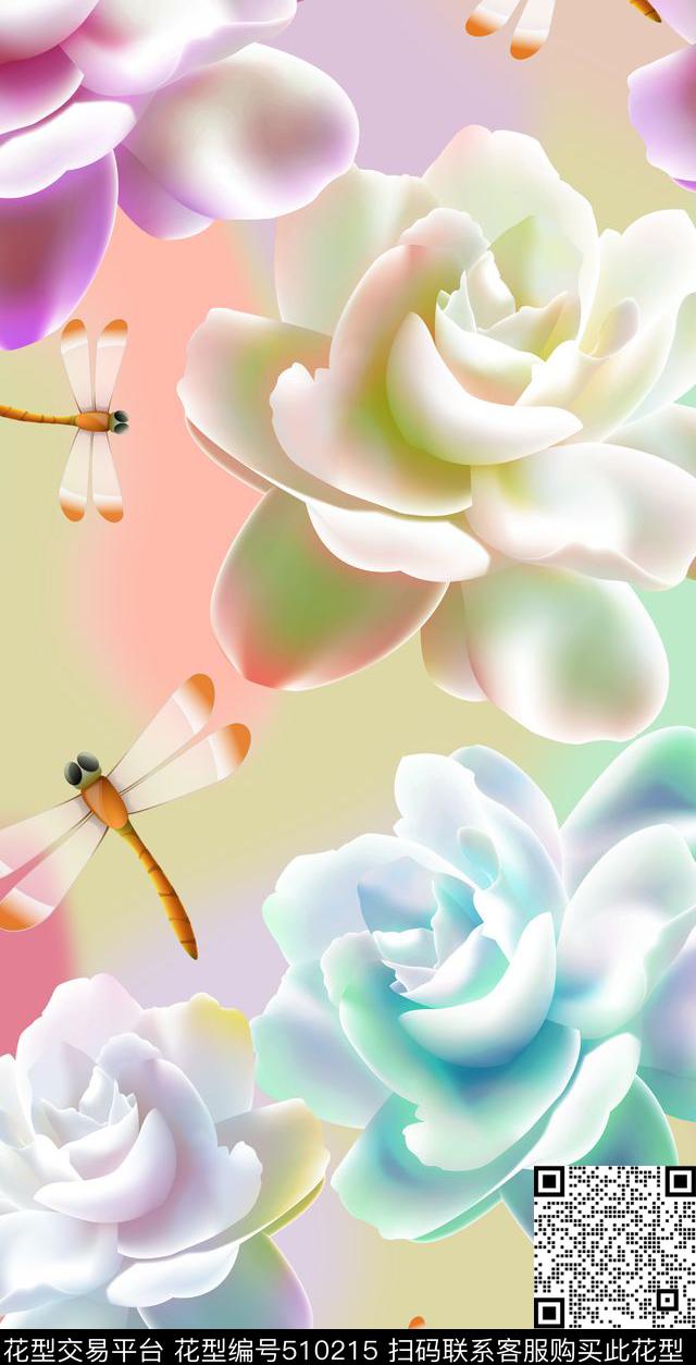 欧美幻彩底纹玉兰蜻蜓流行时尚数码印花华亿平台下载（图片编号: 510215） - 瓦栏（Walan）