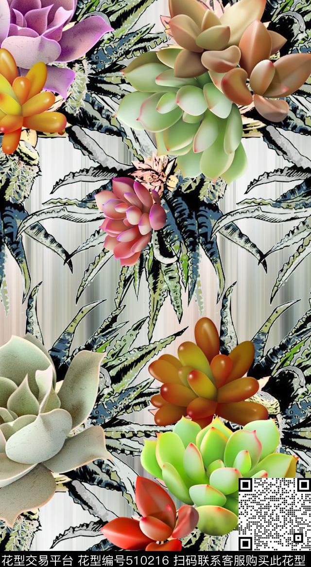 欧美大漠仙人掌多肉植物流行时尚数码印花华亿平台下载（图片编号: 510216） - 瓦栏（Walan）