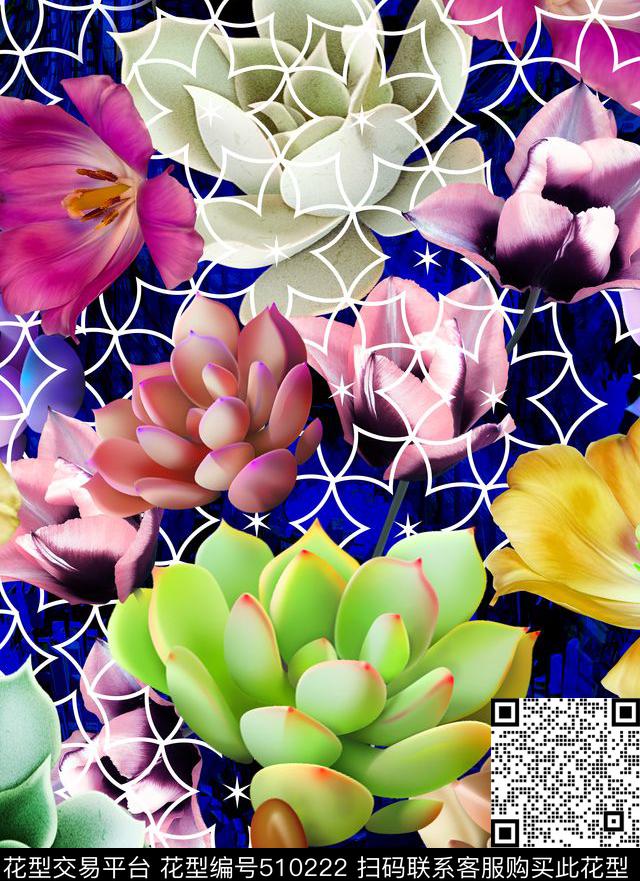 欧美几何线条幻彩手绘多肉植物流行时尚数码印花华亿平台下载（图片编号: 510222） - 瓦栏（Walan）
