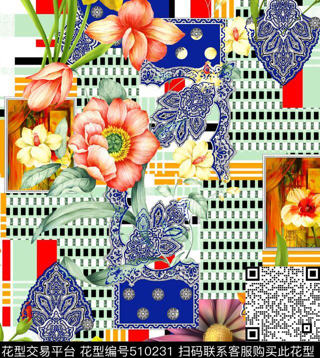 欧美几何腰果手绘花卉流行时尚数码印花华亿平台下载（图片编号: 510231） - 瓦栏（Walan）
