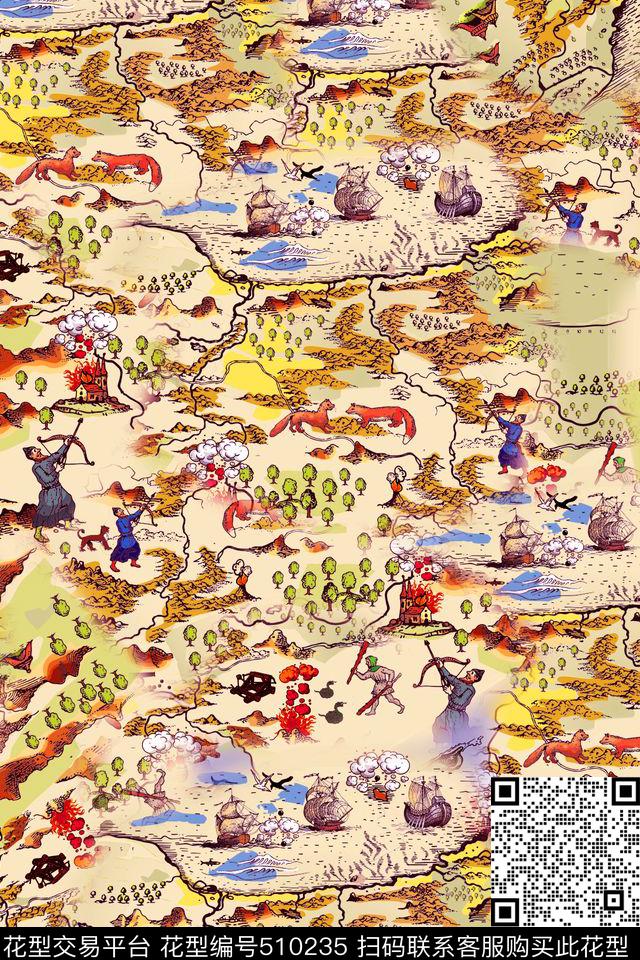 手绘欧美时装周复古古典航海地图人物手绘欧美时装周复古古典航海地图人物男装女装走秀大牌米兰几何线条抽象H【抽象】数码印花华亿平台下载（图片编号: 510235） - 瓦栏（Walan）