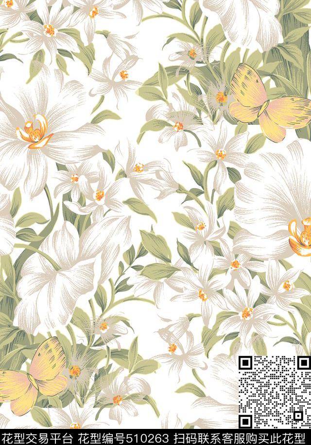 花卉蝴蝶花朵传统印花华亿平台下载（图片编号: 510263） - 瓦栏（Walan）