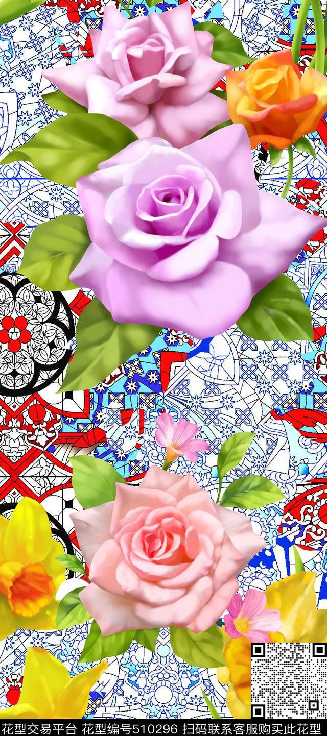欧美尚立体几何手绘花卉流行时尚数码印花华亿平台下载（图片编号: 510296） - 瓦栏（Walan）