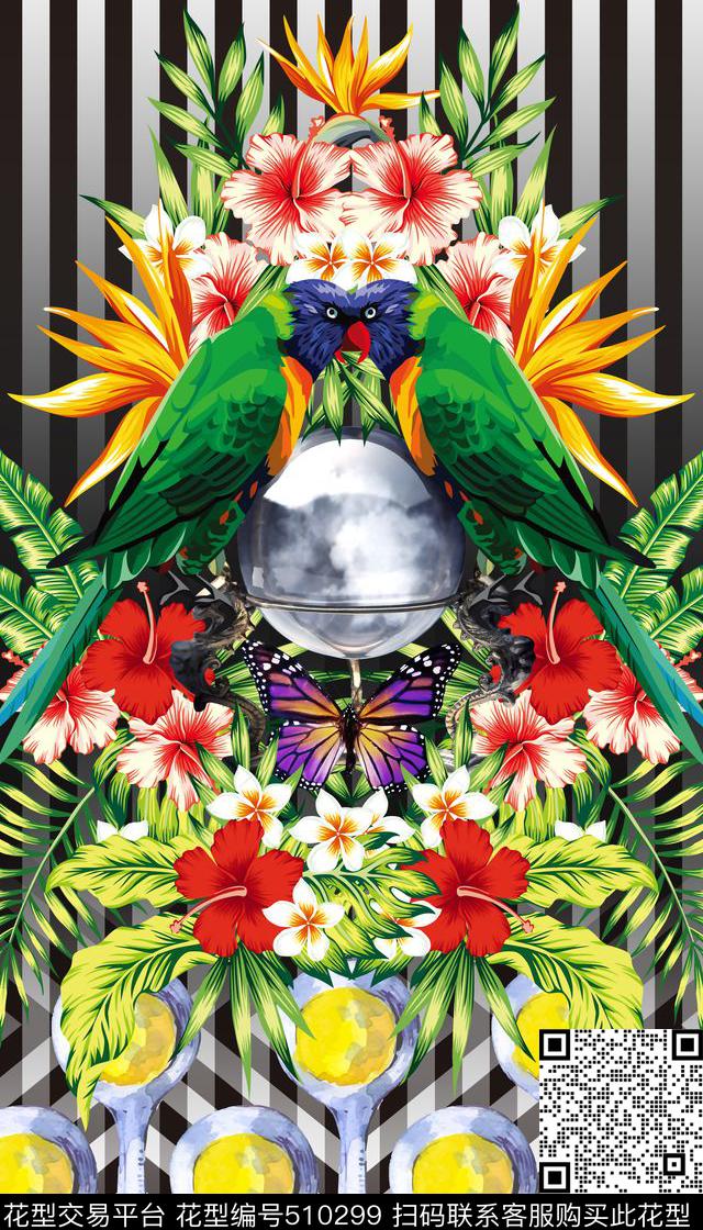 定位热带花卉条纹几何数码印花华亿平台下载（图片编号: 510299） - 瓦栏（Walan）