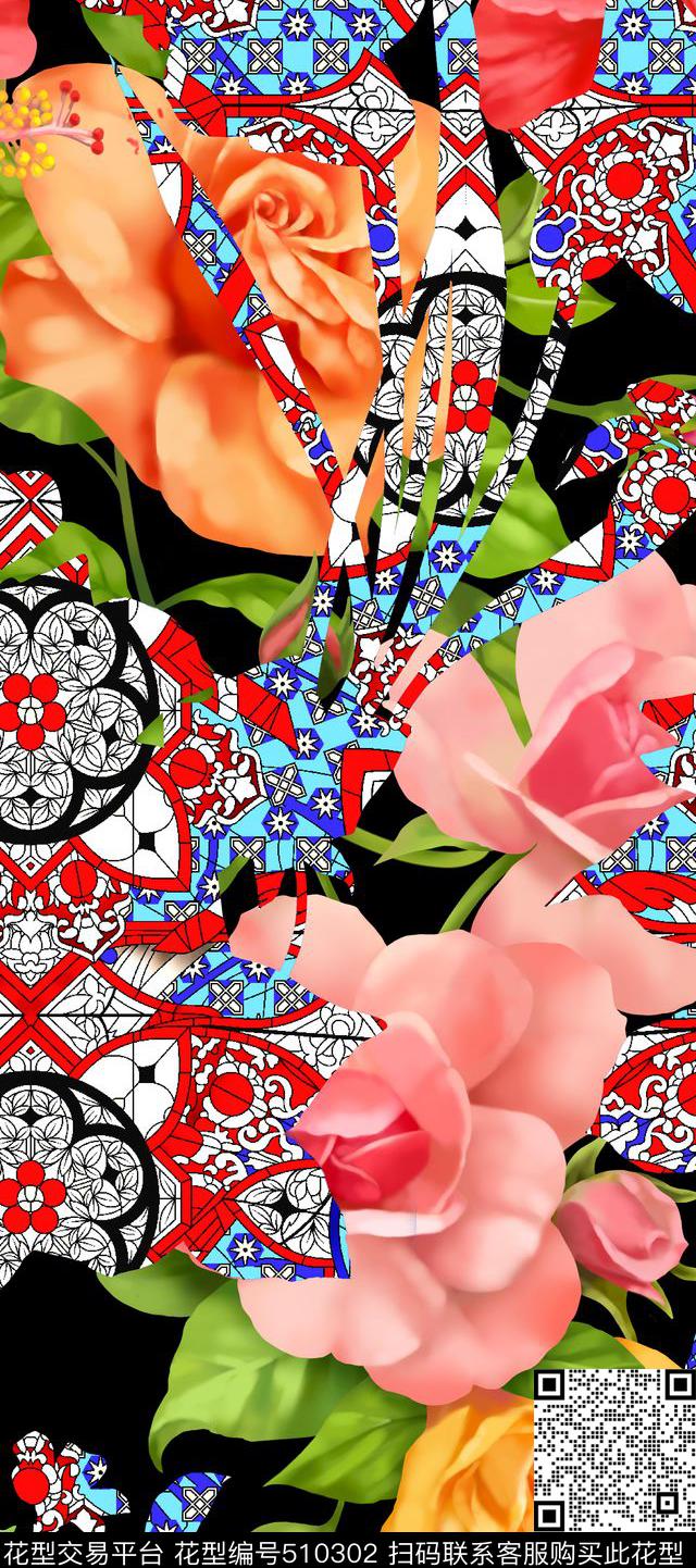 欧美立体几何手绘花卉流行时尚数码印花华亿平台下载（图片编号: 510302） - 瓦栏（Walan）