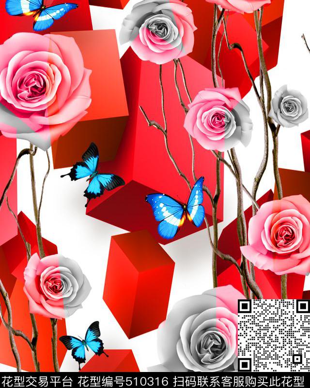 欧美手绘立体几何玫瑰蝴蝶流行时尚数码印花华亿平台下载（图片编号: 510316） - 瓦栏（Walan）