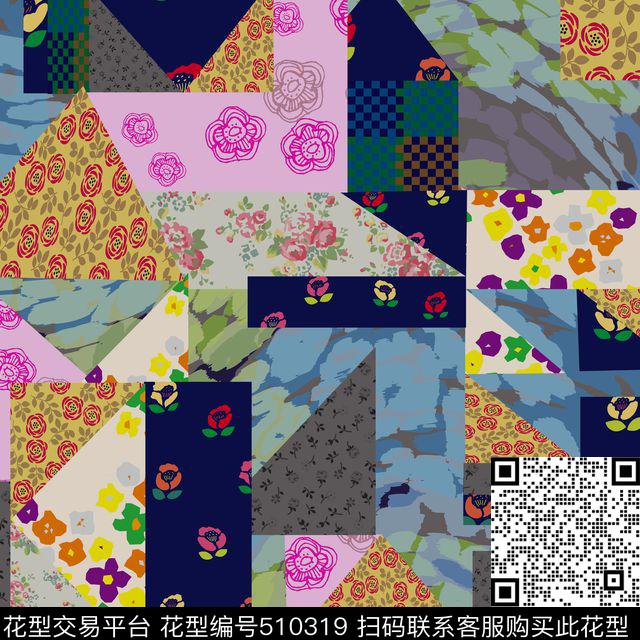 花卉几何拼贴数码印花华亿平台下载（图片编号: 510319） - 瓦栏（Walan）