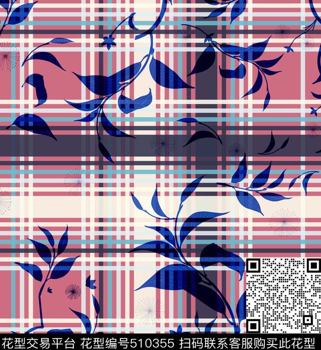 粉色格子花卉传统印花华亿平台下载（图片编号: 510355） - 瓦栏（Walan）