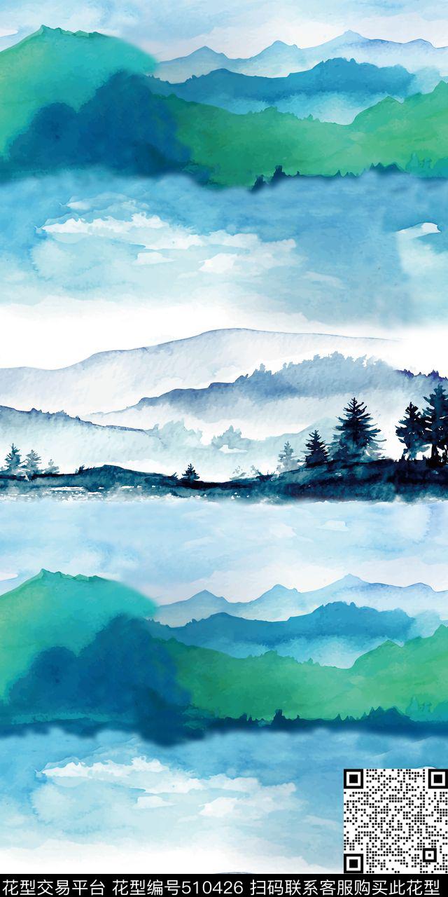 中国风山水画水墨风数码印花华亿平台下载（图片编号: 510426） - 瓦栏（Walan）