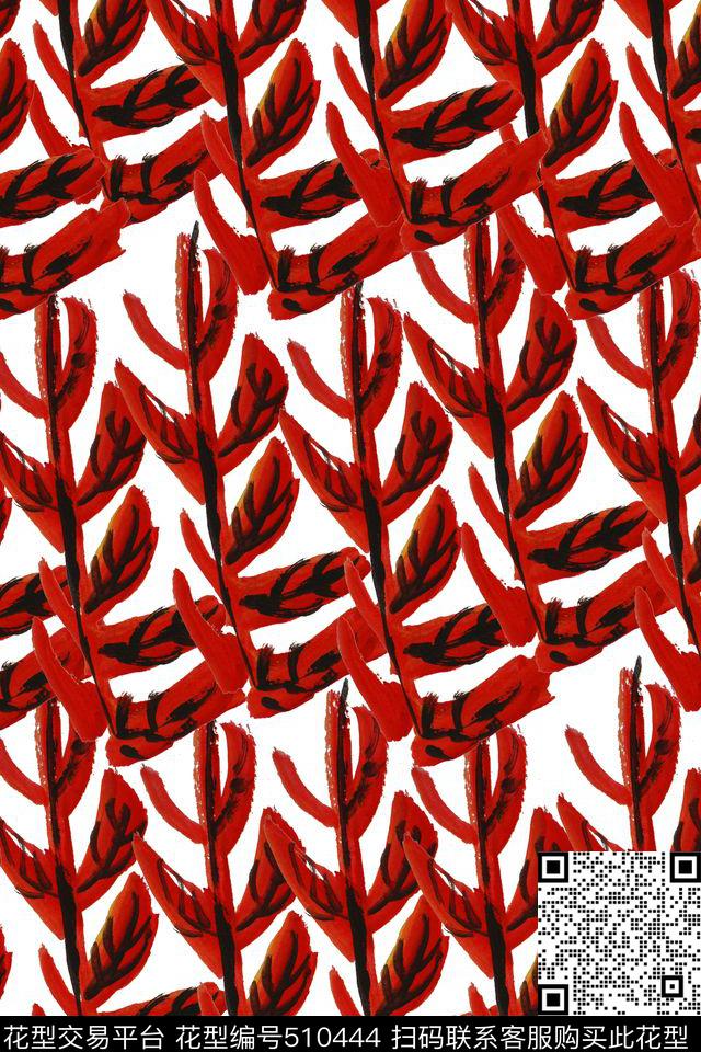 手绘叶片抽象数码印花华亿平台下载（图片编号: 510444） - 瓦栏（Walan）