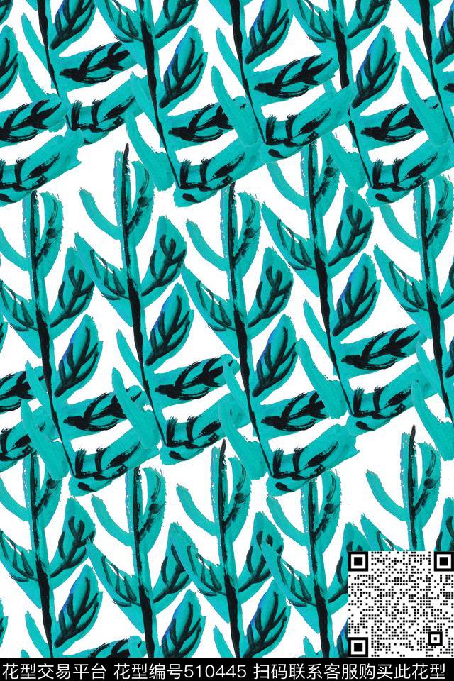 手绘叶片抽象数码印花华亿平台下载（图片编号: 510445） - 瓦栏（Walan）