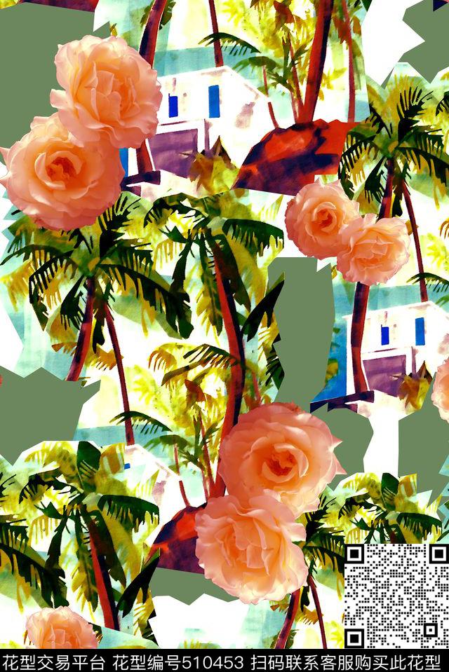 水彩热带椰树数码印花华亿平台下载（图片编号: 510453） - 瓦栏（Walan）