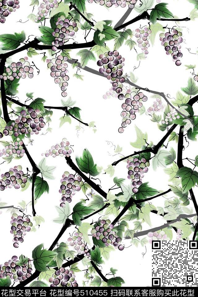 水墨葡萄流行时尚数码印花华亿平台下载（图片编号: 510455） - 瓦栏（Walan）