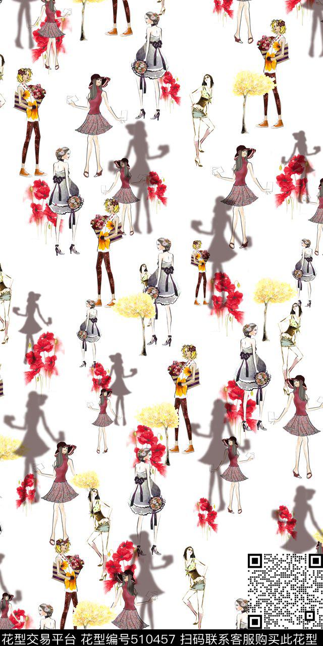 小清新手绘美人数码印花华亿平台下载（图片编号: 510457） - 瓦栏（Walan）
