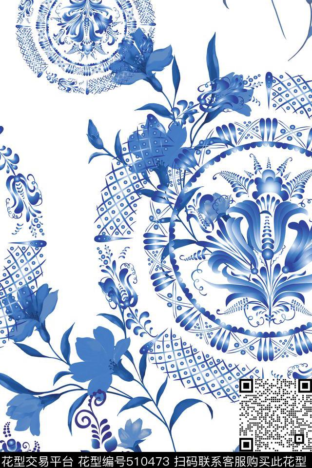 流行时尚青花瓷小花卉数码印花华亿平台下载（图片编号: 510473） - 瓦栏（Walan）