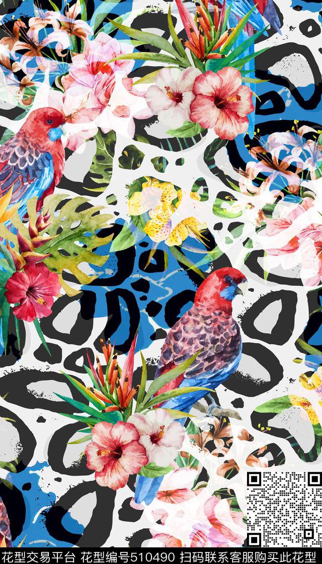 热带风情豹纹棕榈花卉叶子数码印花华亿平台下载（图片编号: 510490） - 瓦栏（Walan）
